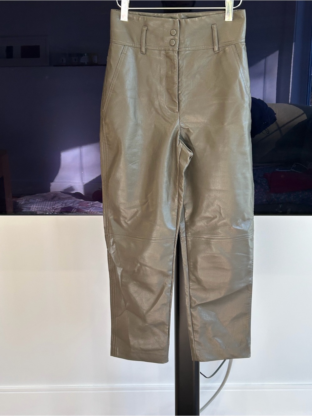 Aritzia Olive Green Faux Leather Cropped Straight Pants